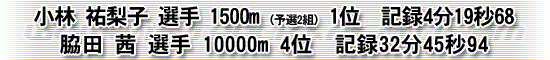 小林 祐梨子 選手 1500m (予選2組) 1位　記録4分19秒68 脇田 茜 選手 10000m 4位　記録32分45秒94