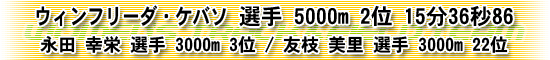 ウィンフリーダ・ケバソ 選手 5000m 2位 15分36秒86 / 永田 幸栄 選手 3000m 3位 / 友枝 美里 選手 3000m 22位