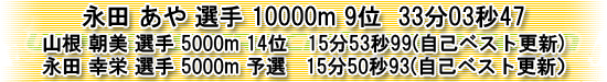 永田あや選手9位、山根選手、永田幸選手5000m自己ベスト更新