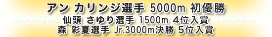 アンカリンジ選手5000m初優勝、仙頭さゆり選手1500m4位入賞、森彩夏選手ジュニア3000m決勝5位入賞